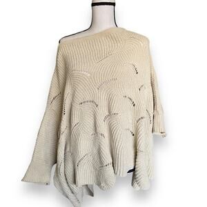 Y2k Slouchy Off Shoulder Chenille Sweater Sz S/M Cream Scallop Hem Dolman Sleeve